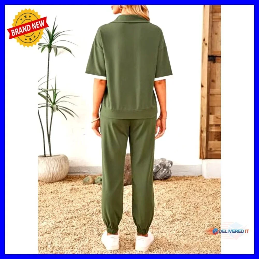 V-Neck Lapel Short Sleeve Tops Long Pants Tracksuit Lounge Jogger Set with - Picture 3 of 7